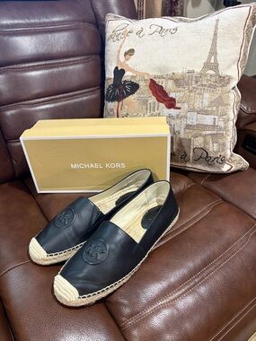 Michael Kors Black Leather Espadrille Flats with Natural Jute Trim